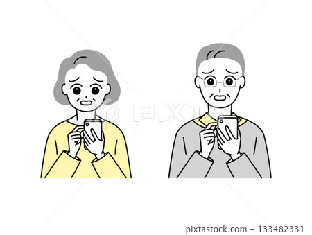 一組插圖，描繪了一群神情憂慮地看著智慧型手機的老年男女。 133482331