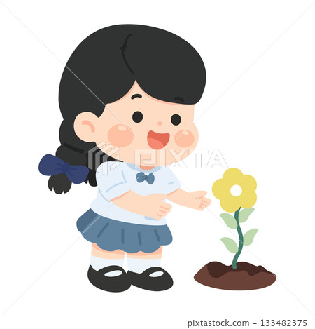 Illustration of Girl with Flower in Soil 133482375
