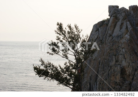 The photograph shows a rocky cliff on Olkhon Island, covered with coniferous trees. 133482492