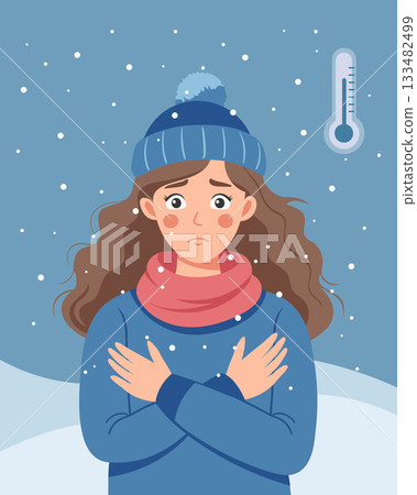 Woman in warm clothing shivering in the cold in a snowy winter landscape. The woman is freezing. Illustration. Woman in warm clothing shivering in the cold in a snowy winter landscape. The woman is freezing. Illustration. 133482499
