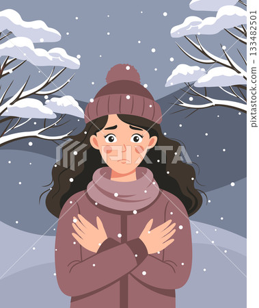 Woman shivering in a cold winter snowy landscape. Woman is freezing from the cold. Illustration. Woman shivering in a cold winter snowy landscape. Woman is freezing from the cold. Illustration. 133482501