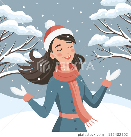 Joyful woman enjoying winter snowfall. Illustration for holiday backgrounds. 133482502