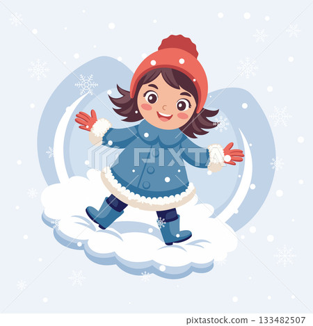 Cute little girl in winter clothes makes a snow angel in winter. Illustration. Cute little girl in winter clothes makes a snow angel in winter. Illustration. 133482507