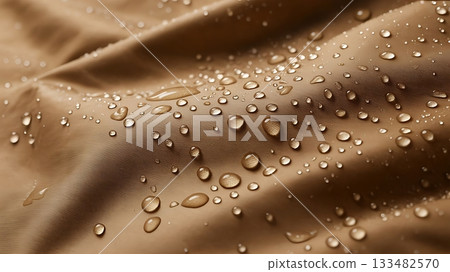 Closeup of water droplets on a beige waterproof fabric with textured surface 133482570