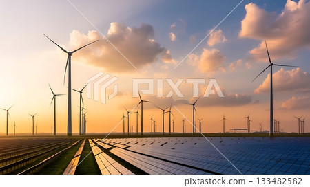 Wind turbines and solar panels at sunset generating clean renewable energy Wind turbines and solar panels at sunset generating clean renewable energy 133482582