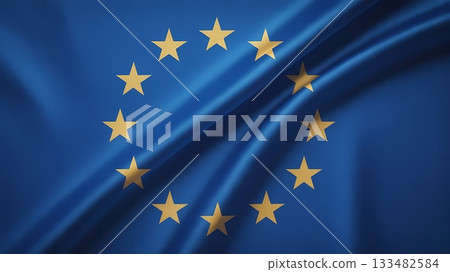 A captivating closeup of the european union flag with golden stars on blue silk 133482584