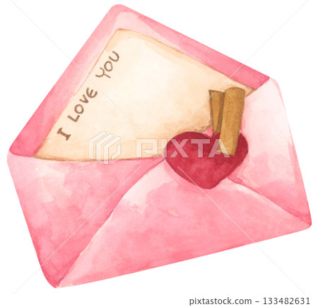 Romantic Watercolor Love Letters, Vintage Pink and Beige Envelopes with Heart for Valentine Day Illustration 133482631