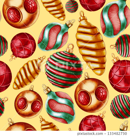 Christmas and New Year pattern with Christmas tree toys. Seamless New Year pattern in watercolor. Background for textiles, fabrics, wrapping paper, cards. Watercolor Christmas decor 133482730