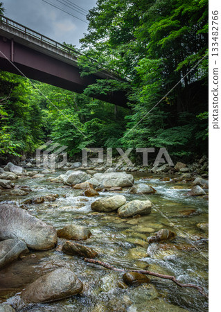Scenery of a deep forest stream and a red bridge, coolness in summer and man-made structures Scenery of a deep forest stream and a red bridge, coolness in summer and man-made structures 133482766