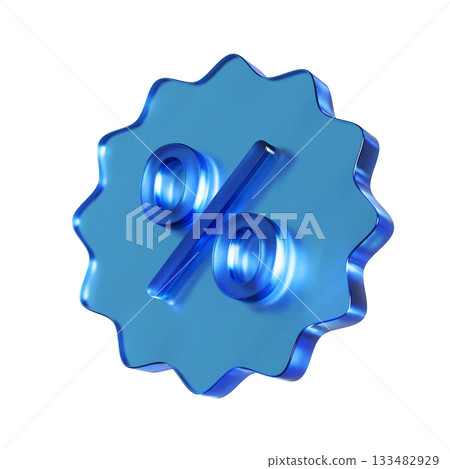 表示折扣百分比的扁平圖示的 3D 插圖。透明藍色玻璃狀標誌 133482929