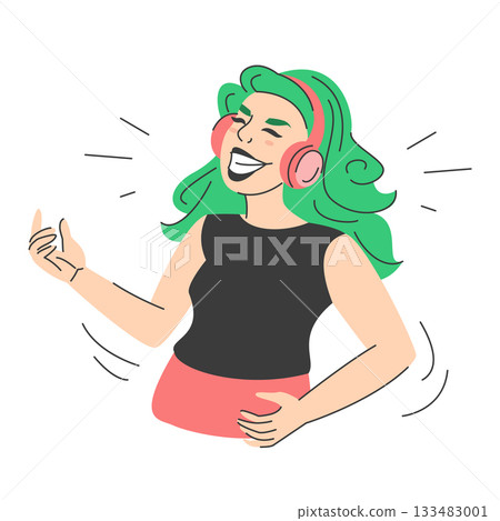 Woman in headphones listens to rock music Woman in headphones listens to rock music 133483001