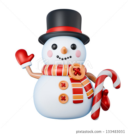 Snowman waving hand and hold lollipop 3D Snowman waving hand and hold lollipop 3D 133483031