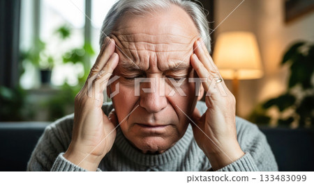 Senior man with gray hair is holding his head in distress, sitting in a cozy living room with soft lighting and plants, conveying emotional struggle 133483099