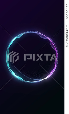 Glowing turquoise and purple plasma orb made of smooth neon digital waves. Elegant minimal circular shape with soft particles and futuristic gradient atmosphere in vertical layout. Glowing turquoise and purple plasma orb made of smooth neon digital waves. Elegant minimal circular shape with soft particles and futuristic gradient atmosphere in vertical layout. 133483436