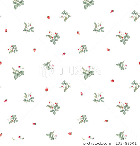 Botanical, kids style seamless pattern with wild strawberry flowers and berries on a white background. Background for children's room decor, wallpaper. Hand drawn illustration woodland strawberries. Botanical, kids style seamless pattern with wild strawberry flowers and berries on a white background. Background for children's room decor, wallpaper. Hand drawn illustration woodland strawberries. 133483501