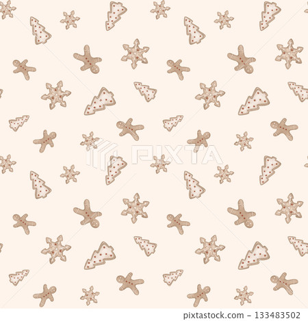 Hand-drawn seamless pattern with Christmas illustration gingerbread man and cookies in the shape of a snowflake and tree. New year repeat print for design textile or wrapping paper with cookies. Hand-drawn seamless pattern with Christmas illustration gingerbread man and cookies in the shape of a snowflake and tree. New year repeat print for design textile or wrapping paper with cookies. 133483502
