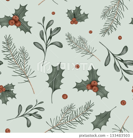 Watercolor seamless pattern of branches with Christmas red berries of ilex and fir tree branches. Hand drawing illustration on isolated background. Repeat pattern of Winter New Year pine branches. Watercolor seamless pattern of branches with Christmas red berries of ilex and fir tree branches. Hand drawing illustration on isolated background. Repeat pattern of Winter New Year pine branches. 133483503