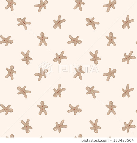 Watercolor hand-drawn seamless pattern with Christmas illustration gingerbread man. New year repeat print for design textile or wrapping paper with cookies. Watercolor hand-drawn seamless pattern with Christmas illustration gingerbread man. New year repeat print for design textile or wrapping paper with cookies. 133483504