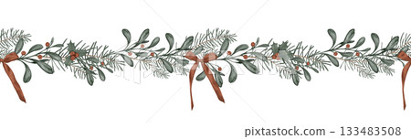 Horizontal seamless border with hand drawn illustration of green branch of fir tree and holly with red berry. Frame with red bows for New year or Christmas design in muted tones Horizontal seamless border with hand drawn illustration of green branch of fir tree and holly with red berry. Frame with red bows for New year or Christmas design in muted tones 133483508