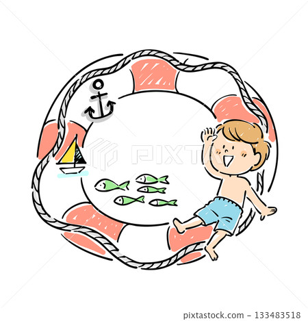 手繪插圖，描繪了一個男孩和一個游泳圈 133483518