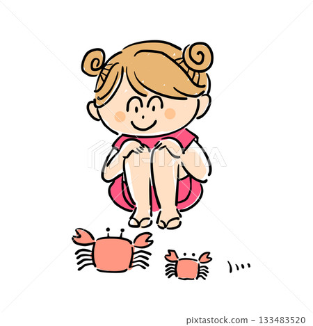 Illustration of a smiling girl looking at a crab Illustration of a smiling girl looking at a crab 133483520