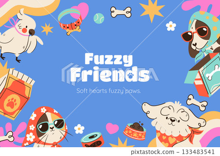 Decorative background with assorted pet icons and playful elements flat cartoon Decorative background with assorted pet icons and playful elements flat cartoon 133483541