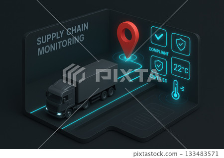 Futuristic supply chain monitoring panel showing truck in transit. dark digital UI with glowing lines displays geolocation, compliance badges and temperature sensor for logistics 133483571