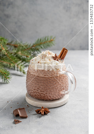 Hot chocolate with wipped cream in a cup on a light background with fir branches. 133483732