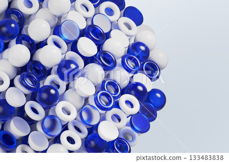 Abstract geometric 3d background with many glass and plastic shapes - sphere, ball, circle ring, torus, hemisphere in white and blue. Futuristic tech banner template. Modern wallpaper. 3D illustration 133483838