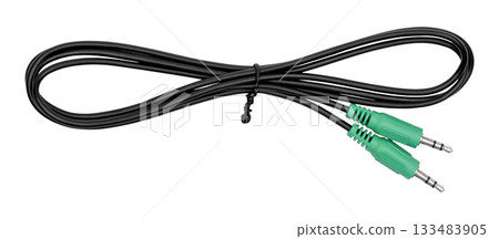 AUX audio cable (auxiliary cable) with two connectors isolated on white background 133483905