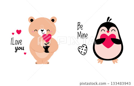 Cute Little Bear with Flower in Pot and Penguin with Heart as Valentine Day Celebration Vector Set 133483943