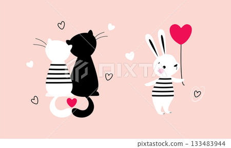 Cute Little Cat Couple and Bunny with Heart Balloon as Valentine Day Celebration Vector Set Cute Little Cat Couple and Bunny with Heart Balloon as Valentine Day Celebration Vector Set 133483944