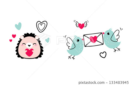 Cute Little Birdie Flying with Love Letter in Envelope and Hedgehog with Heart as Valentine Day Celebration Vector Set 133483945