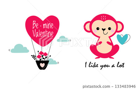 Cute Little Monkey with Heart and Flowers on Air Balloon as Valentine Day Celebration Vector Set 133483946