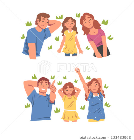 Happy Family with Mother, Father and Kid Lying on Grass and Looking Up Vector Set 133483968