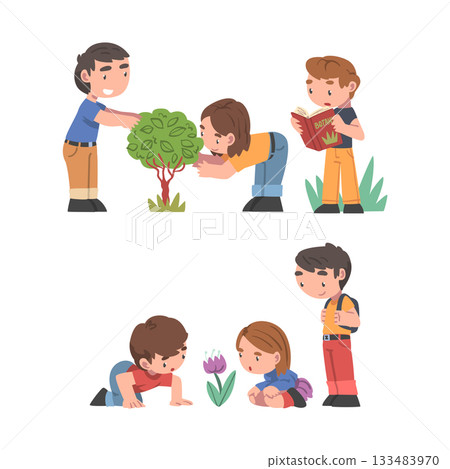 Curious Boy and Girl Near Blooming Flower with Book Studying Plant and Exploring Environment Vector Set 133483970