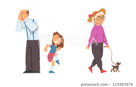 Senior Man and Woman Playing Hide-and-seek with Grandchild and Walking the Dog Vector Set Senior Man and Woman Playing Hide-and-seek with Grandchild and Walking the Dog Vector Set 133483979