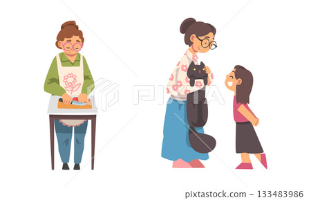 Senior Woman Stroking Cat Talking to Granddaughter and Cooking Vector Set 133483986