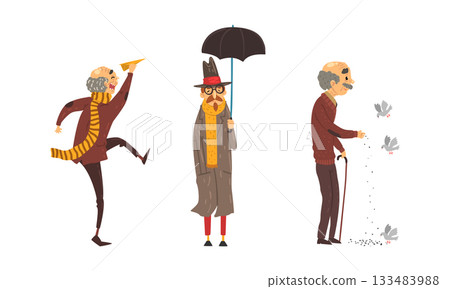 Senior Man Feeding Dove on Street, Walking with Umbrella and Flying Paper Plane Vector Set Senior Man Feeding Dove on Street, Walking with Umbrella and Flying Paper Plane Vector Set 133483988