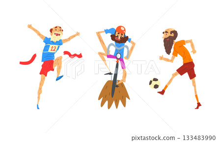 Senior Man Running Marathon, Playing Football and Riding Bicycle Vector Set 133483990