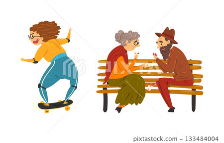 Senior Man and Woman Skateboarding and Playing Card Game Sitting on Bench Vector Set Senior Man and Woman Skateboarding and Playing Card Game Sitting on Bench Vector Set 133484004