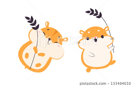 Cute Hamster Character with Stout Body Holding Spikelet Vector Set Cute Hamster Character with Stout Body Holding Spikelet Vector Set 133484010