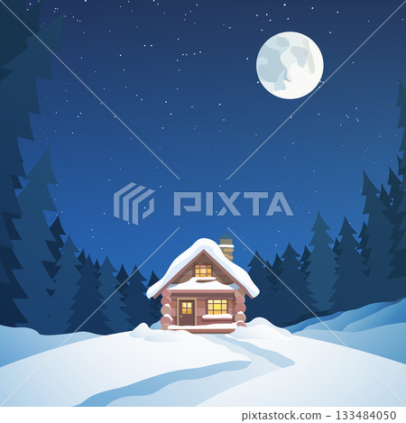 wooden cabin in snow forest at night 133484050