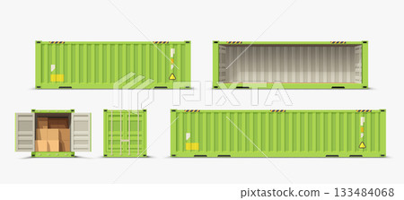 Green shipping container set isolated on white 133484068