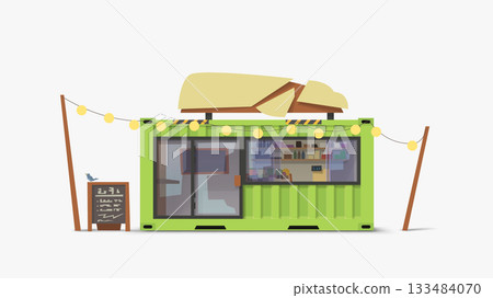 Container coffee shop with lights and menu 133484070