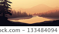 a sunset river landscape with pine forest 133484094