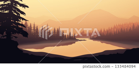 a sunset river landscape with pine forest 133484094