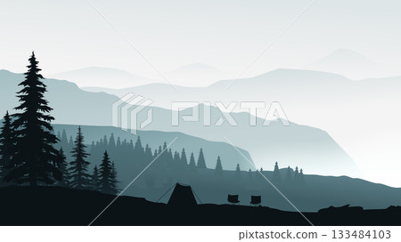 a morning camping in misty mountain forest 133484103