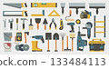 a construction tools set on wooden back 133484113