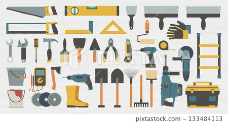 a construction tools set on wooden back a construction tools set on wooden back 133484113